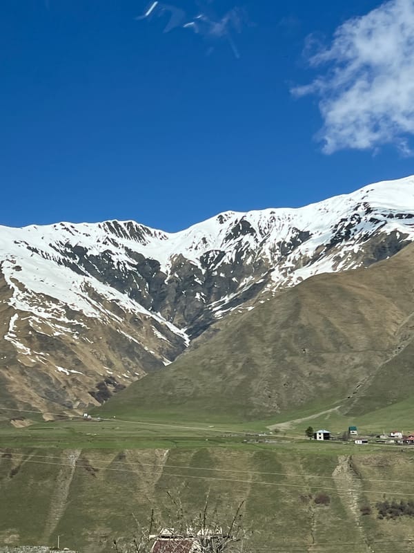 Snow-covered mountain photographed near Khurtisi, Georgia