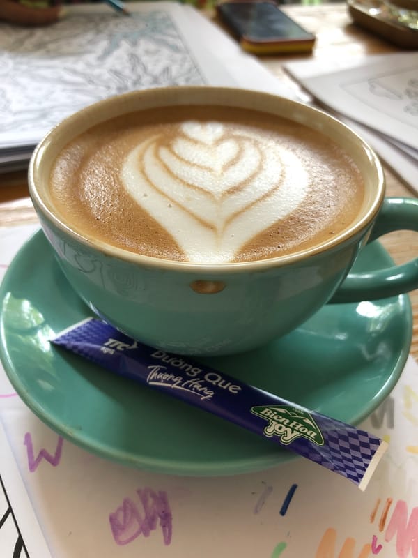 Saturday café session in Đà Nẵng: coffee, croissants, and coloring
