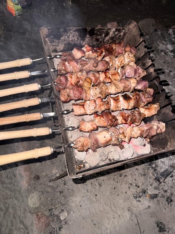 Meat skewers grilling over hot coals in rural Poland
