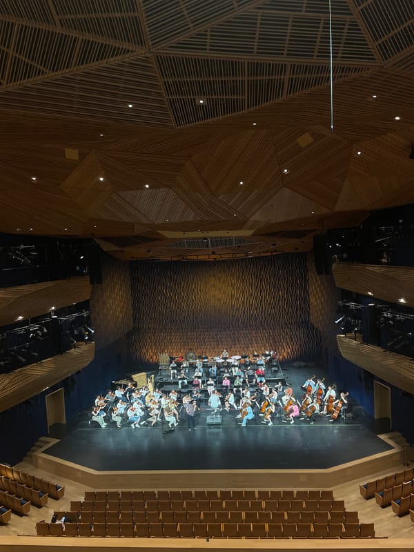 Orchestra rehearses in a modern Sirius concert hall