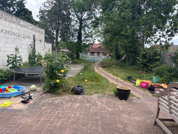 London backyard scene captured with trampoline and scattered toys