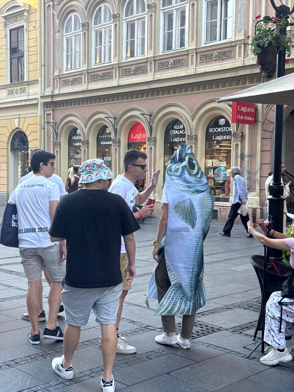 Inflatable fish costume turns heads on Belgrade pedestrian street