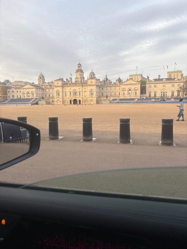 Evening drive captures London landmarks including Big Ben, Horse Guards