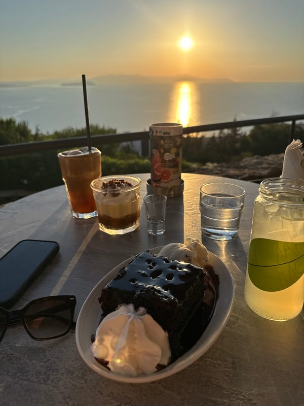 Golden hour at a coastal overlook, desserts and ocean views