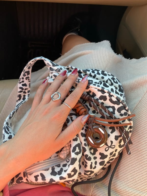 Hand with rings spotted resting on leopard-print bag