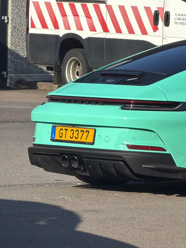 Turquoise Porsche GT3 and assorted vehicles spotted in Leudelange
