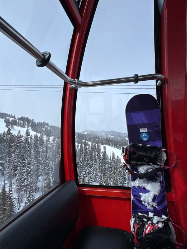 Skiers take selfies in Whistler gondola over snowy mountains
