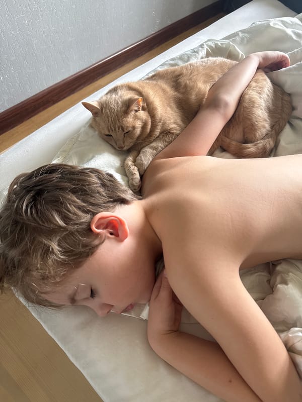 Child and orange cat share bedtime moment in Krasnoyarsk