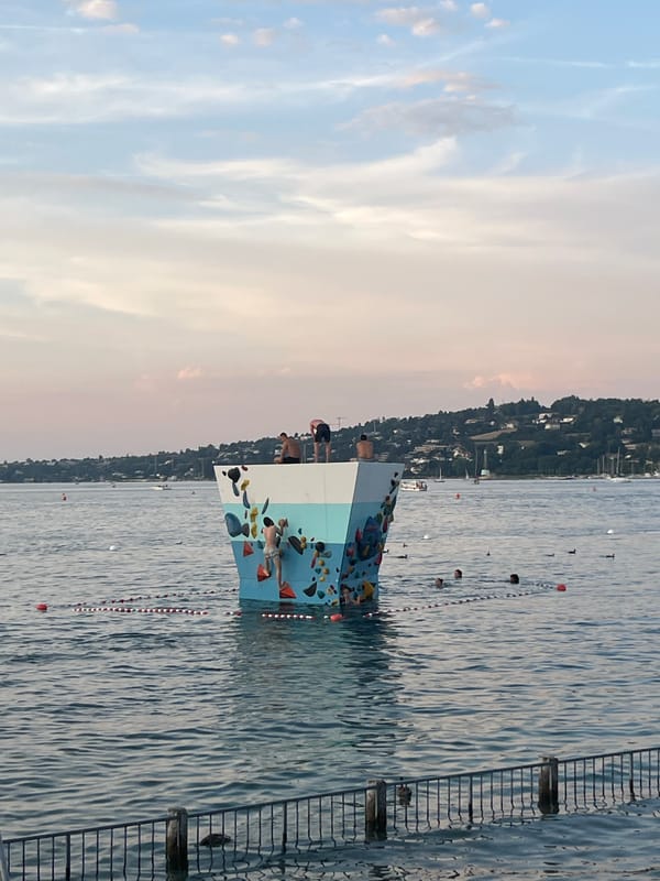 Golden hour at Geneva's Plage des Eaux-Vives, lake and mountains