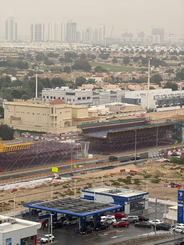 Aerial view shows Dubai gas station with parked cars