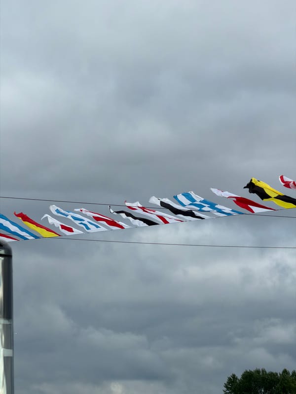 Nautical flags and a passenger boat on Saint Petersburg's waterfront