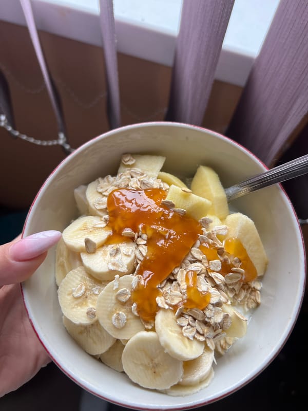 Morning breakfast bowl with fruit and oats in Plovdiv
