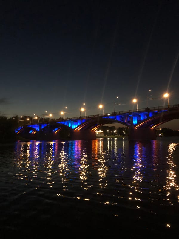 Nighttime bridge photography session captured along Yenisei River, Krasnoyarsk