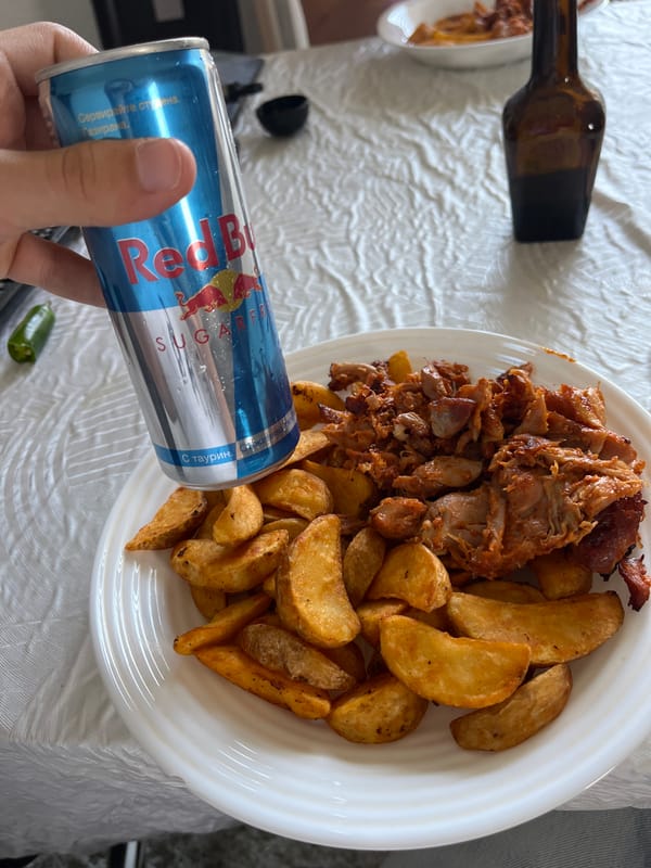 Casual lunch with meat, potatoes photographed in Zlatograd, Bulgaria