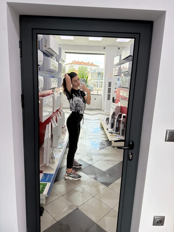 Woman takes selfies across multiple Gabrovo retail locations