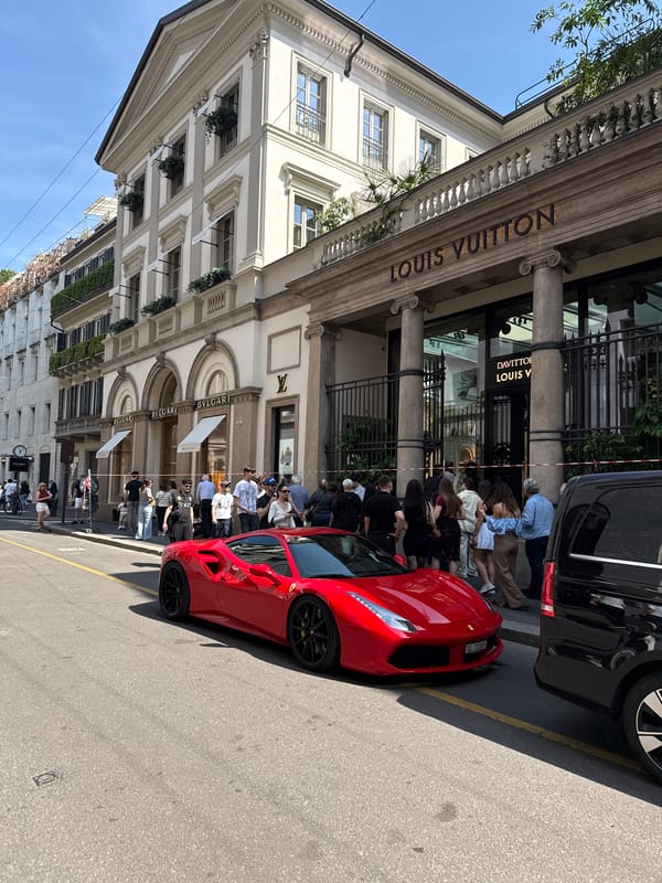 Luxury Lamborghinis parked outside Milan's high-end fashion district