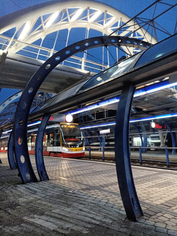 Evening documentation of Prague's modern infrastructure and transit systems