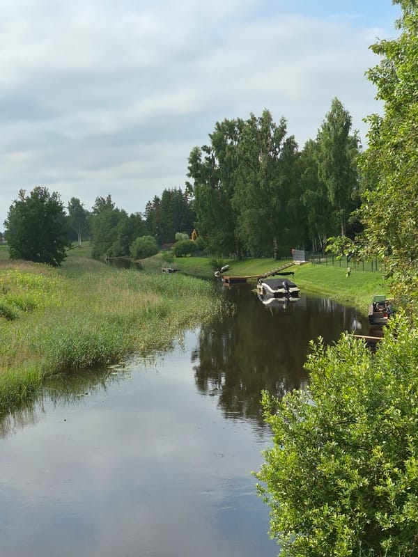 A calm, tree-lined canal on a cloudy morning
