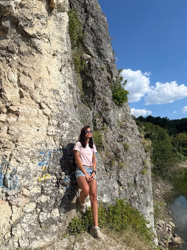 Selfies at a scenic rocky lakeside spot near Pleven, Bulgaria