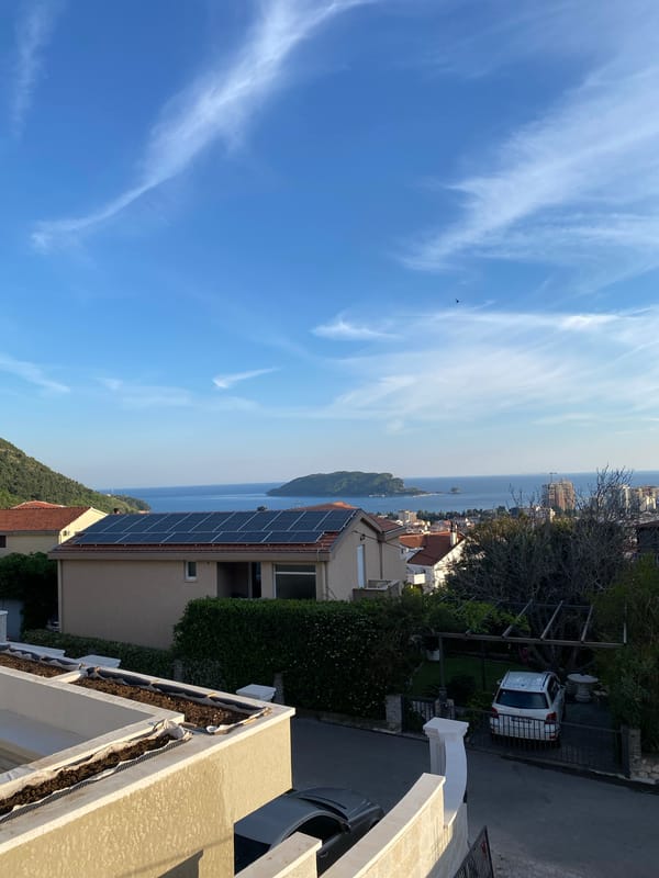 Elevated view captures Budva coastline and residential area