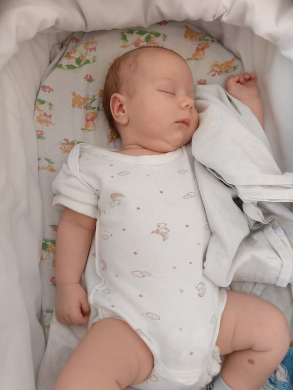 Baby sleeps peacefully in decorated bassinet in Andreyevo