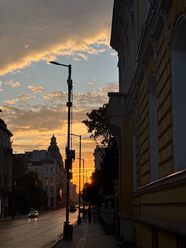 Golden hour light over Sofia's cobblestone streets
