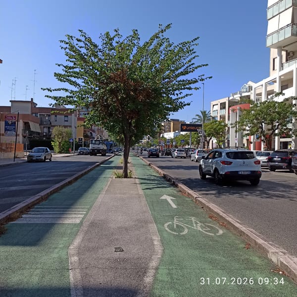 Sunny morning street life along a Modugno bike-lane corridor