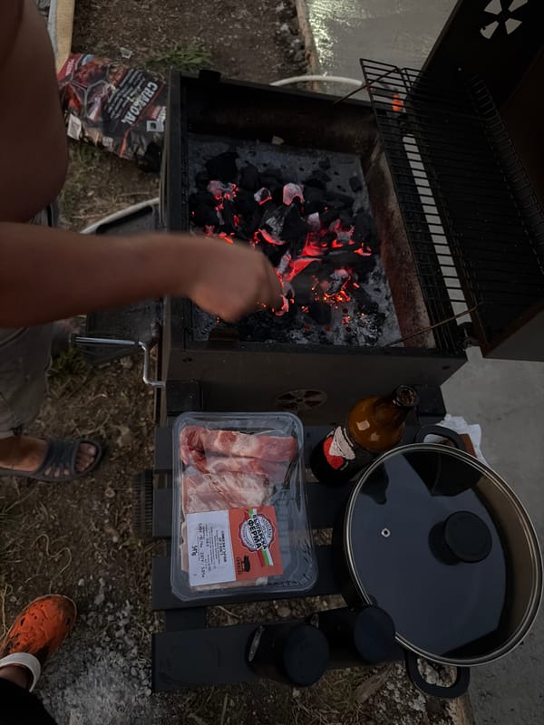 Evening charcoal grill session underway in Slivo Pole, Bulgaria