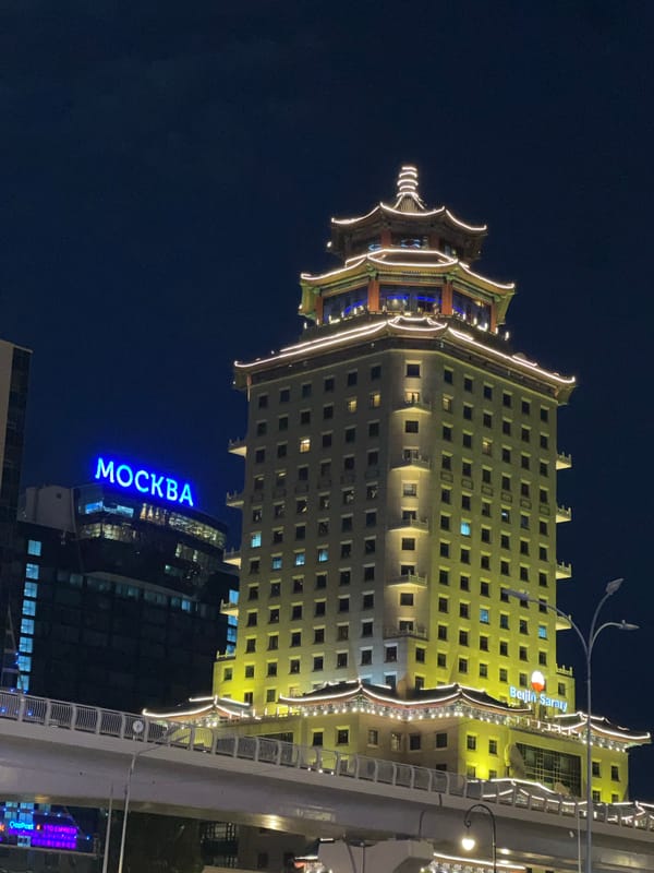 Evening scenes captured across illuminated downtown Astana, Kazakhstan