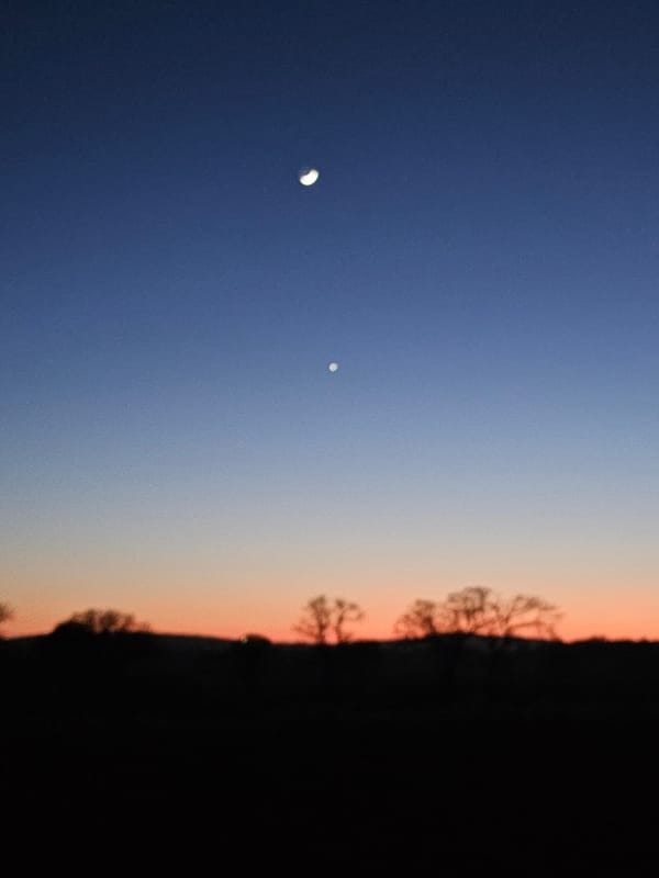 Crescent moon and bright celestial object observed during twilight