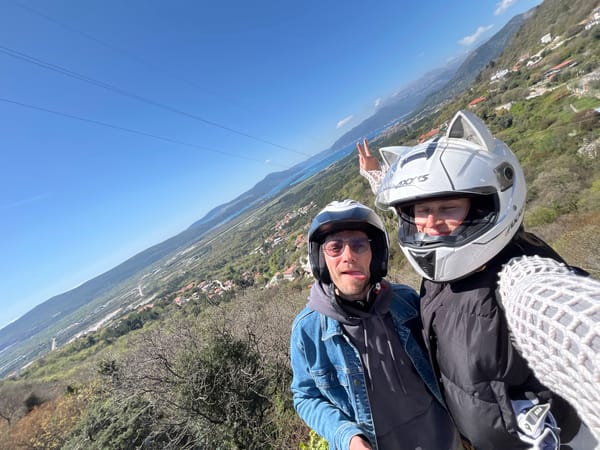 Motorcyclists take selfie in Škaljari, Montenegro