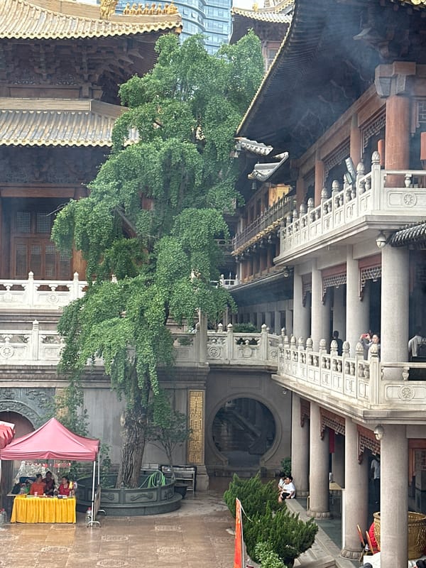 Inside and outside Jing'an Temple on a busy morning
