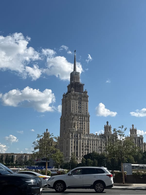 Moscow's Stalinist skyscraper towers over a clear summer day