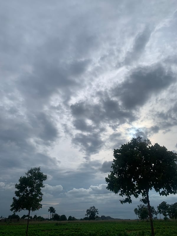 Rural Kuru Karama under heavy skies, crops and quiet streets