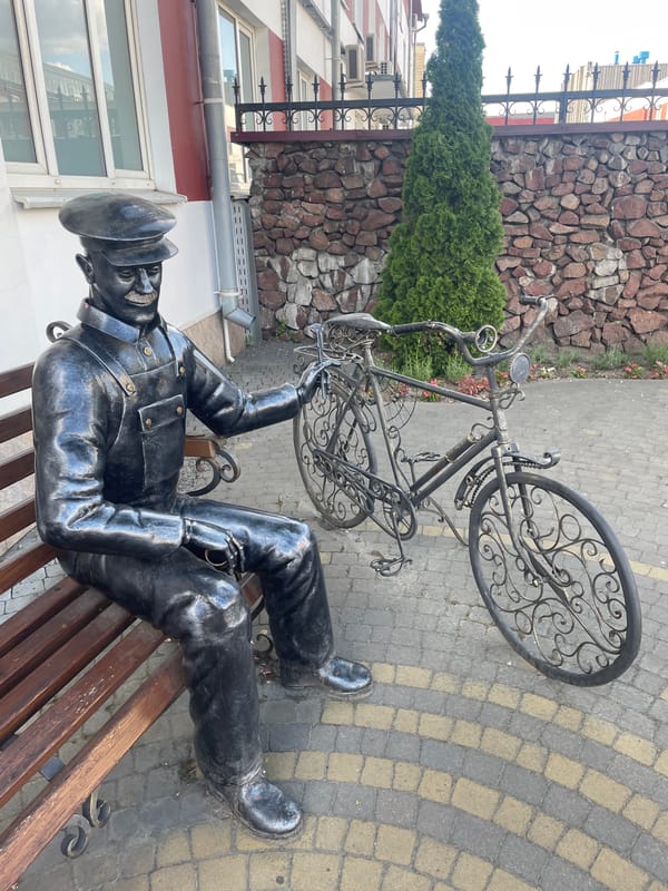 Public memorial sculpture with bicycle documented in Brest