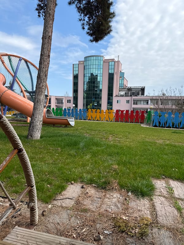 Colorful playground figures spotted near pink building in Varna