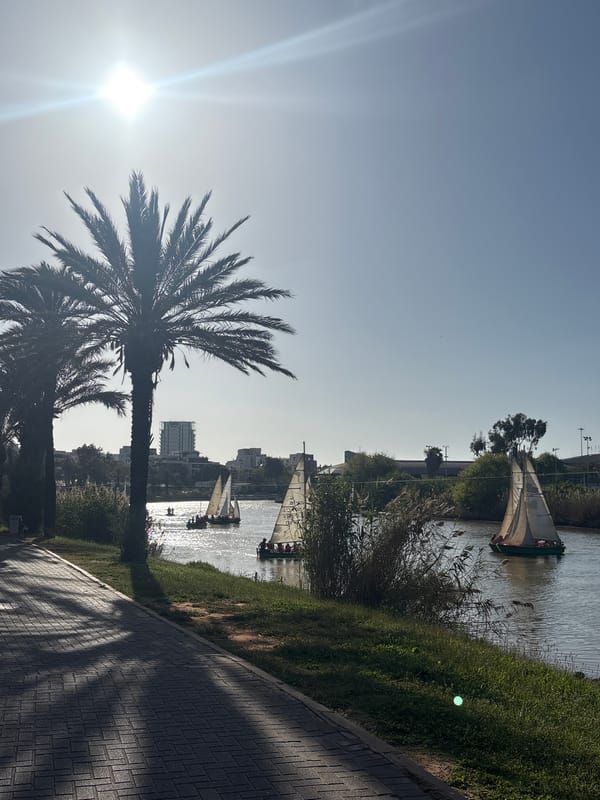 Sailboats gather on Tel Aviv waterway during sunny afternoon