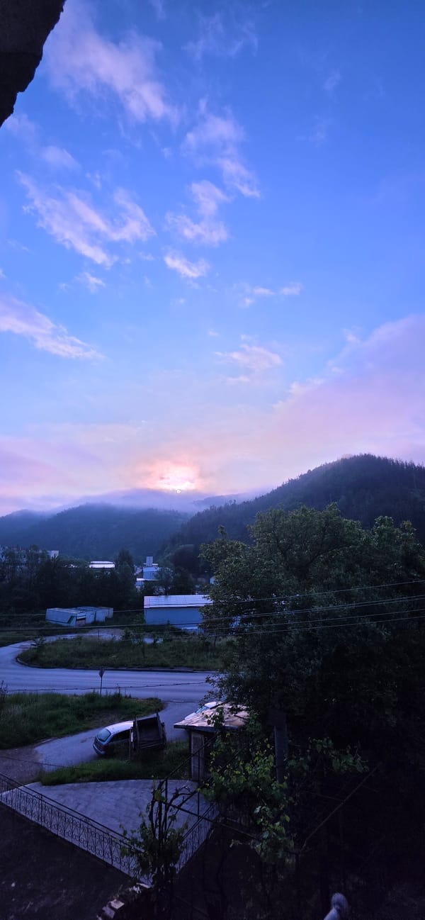 Morning tea moment captured against misty Bulgarian mountains