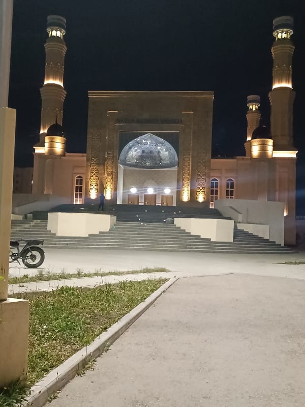 Evening scenes documented across Kokshetau featuring illuminated mosque