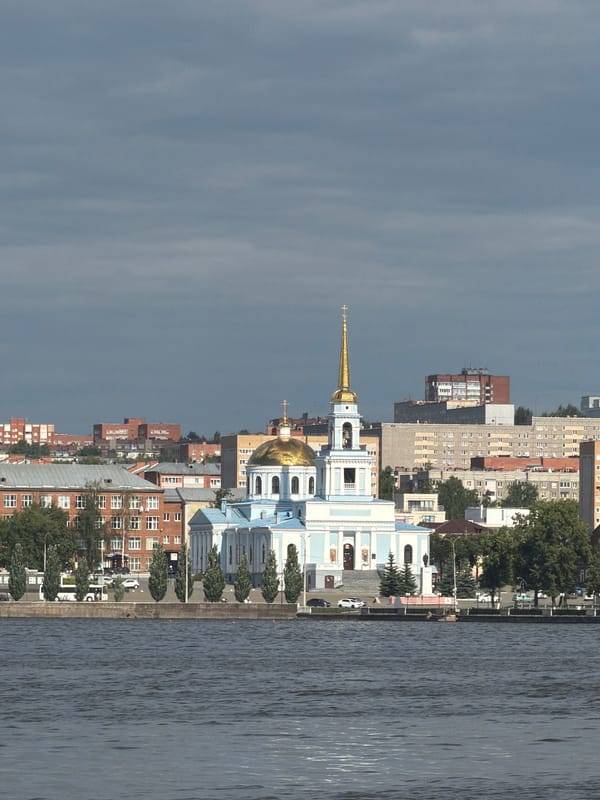 Panoramic view captured of Votkinsk's Church of Transfiguration