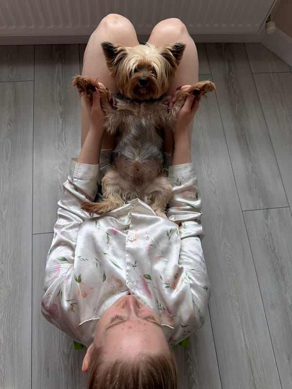 Woman enjoys Sunday morning relaxation with dog in Russia