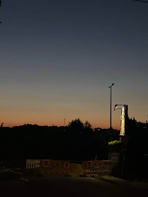 Dusk street scene with lamp, silhouettes, and candid close-ups