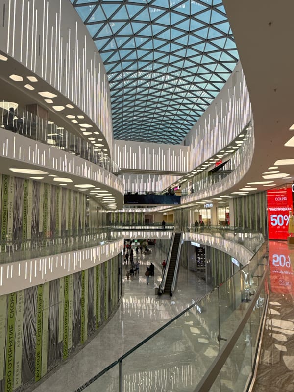 Afternoon visit to a Moscow mall with a geodesic glass roof