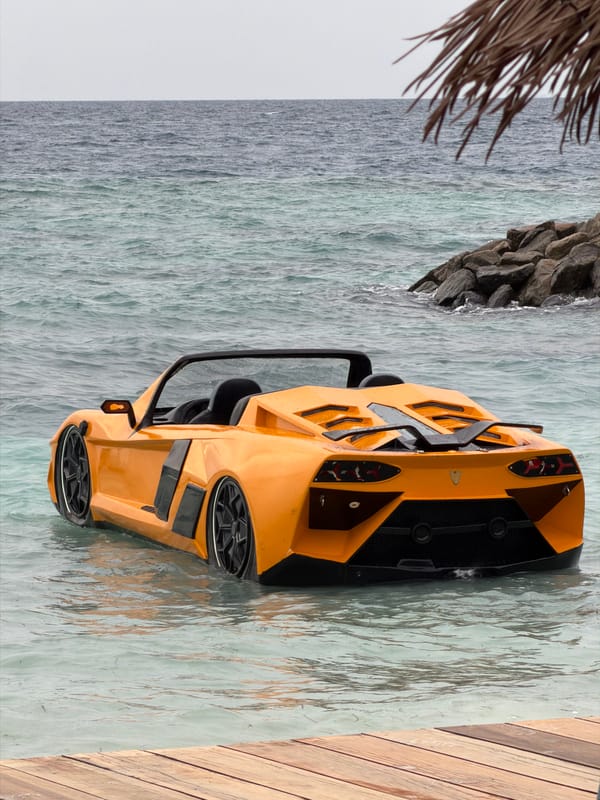 Yellow sports car spotted parked oceanside in Maldives