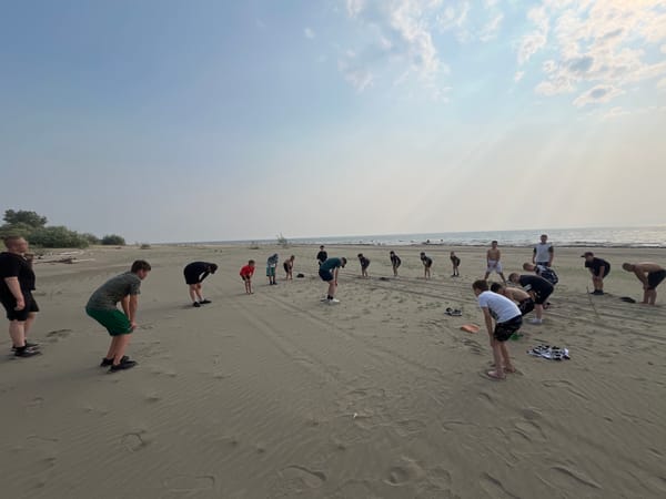 Beach warm-up session on the shores of Krasnoturansk