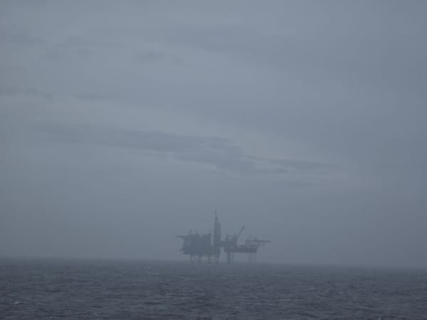 Oil platform observed in foggy North Sea conditions