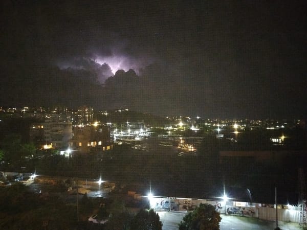 Lightning storm illuminates Varna, Bulgaria cityscape during evening hours