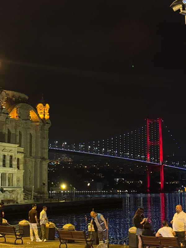 Beşiktaş at night: mosque and Bosphorus Bridge illuminated