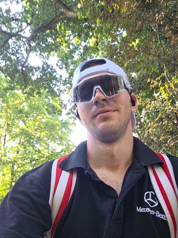 Selfies and scenery along a sunny park walkway