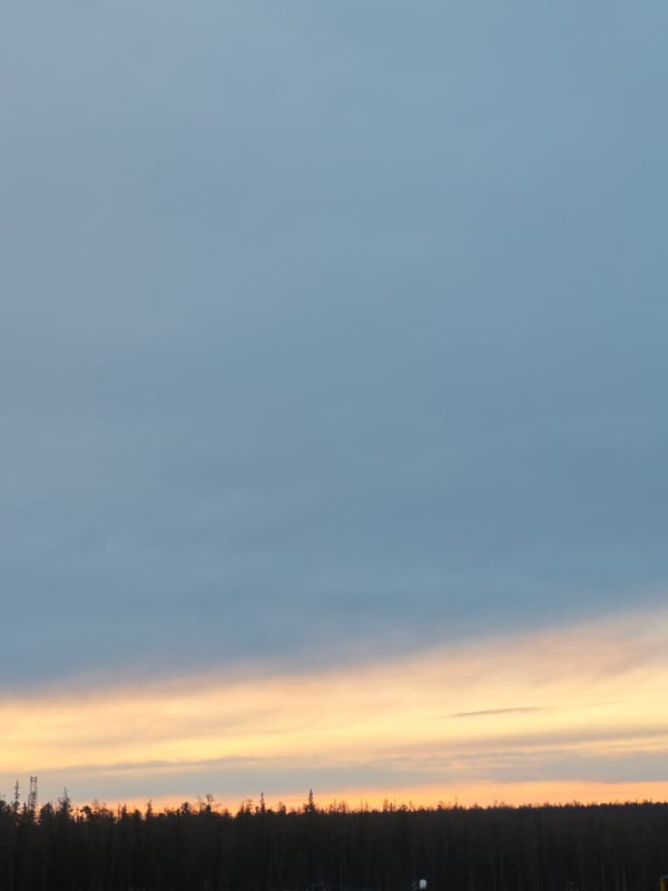 Sunset observed over Russian treeline displays blue-orange gradient